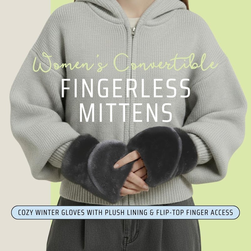 Funky Junque Faux Fur Flip Mittens Womens Warm Convertible Fingerless Gloves - Image 3